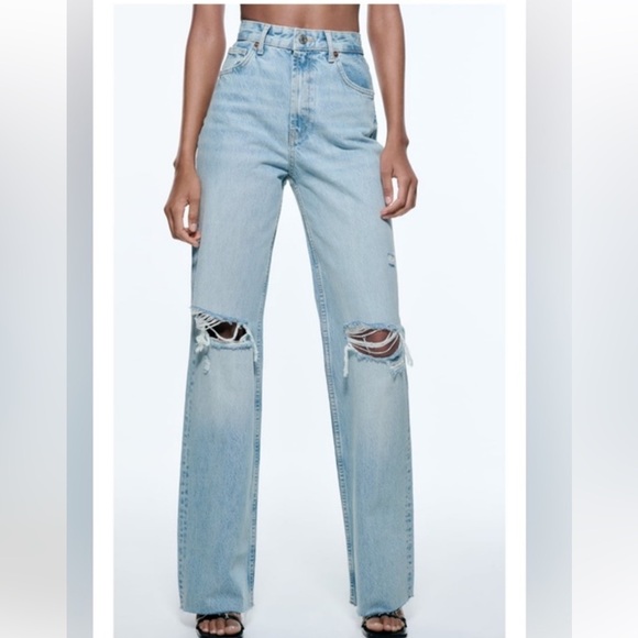 Zara Light Blue Distressed Wide Leg Jeans - Picture 2 of 6
